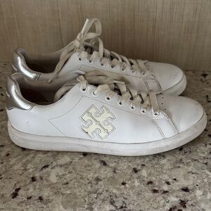 Tory Burch White Leather Sneakers with Gold Metallic Heel Accent